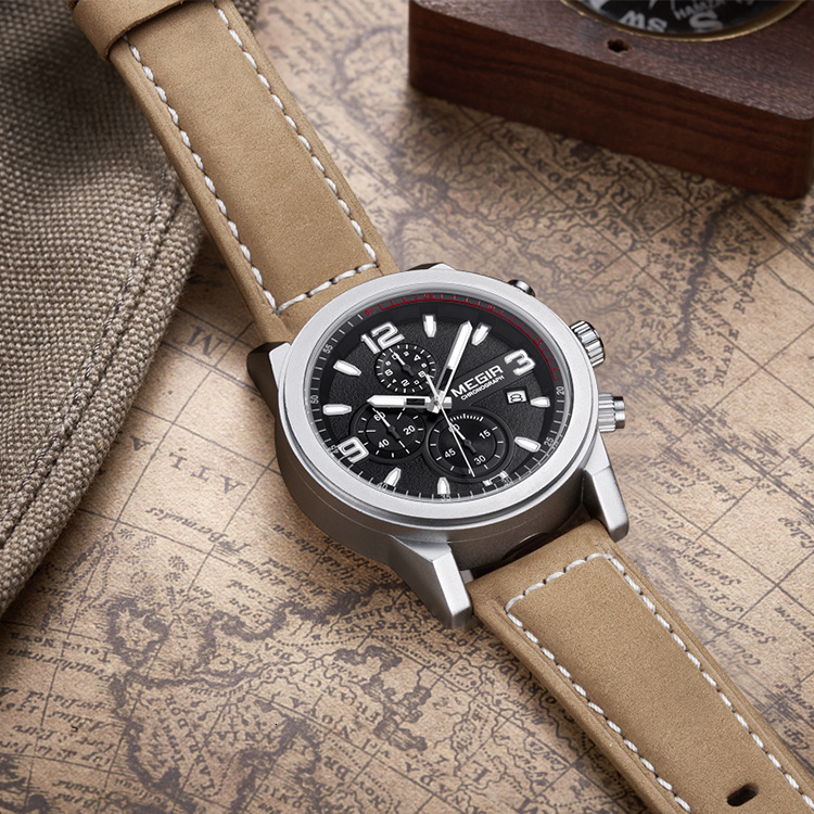 MEGIR Designer Business True Three-eye Chronograph Calendar Luminous Waterproof Sports Men's Leather Strap Watch Men's Luxury Wristwatch Fre