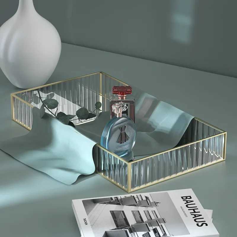 Makeup Storage Tray Glass Transparent Cosmetic Organizer Metal Perfume Lipstick Stand Rectangle Dresser Decoration Tray for Home Y251129