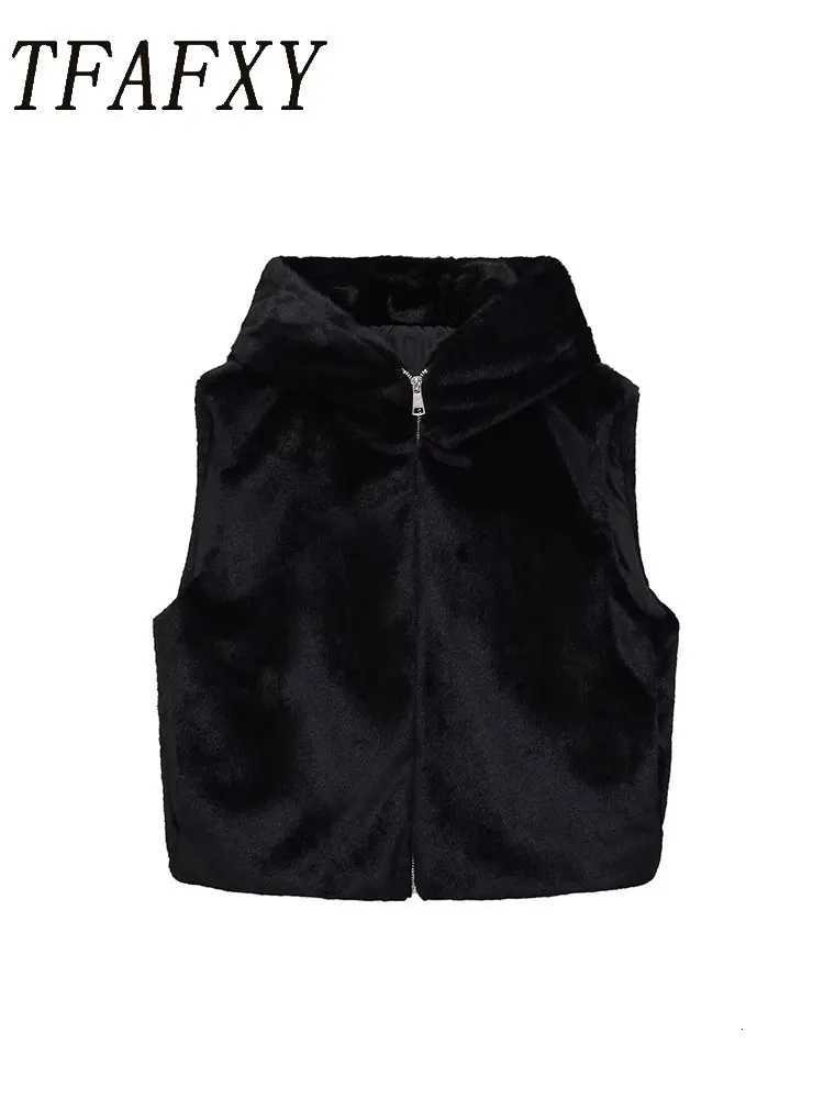 TFAFXY Women Faux Fur Sleeveless Coat 2025 Autumn Winter Hooded Loose Jacket Female Short Waistcoat Coat Y2KT251129