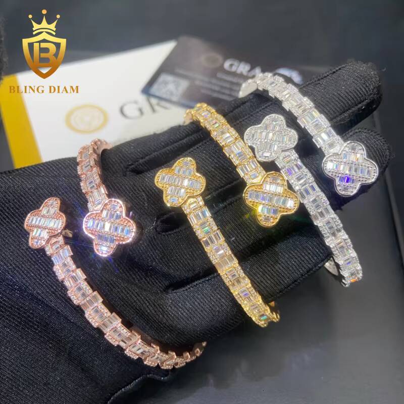 Hot Saling Fine Jewelry Four Leaf Clover Bangle 925 Sterling Silver Iced Out VVS Moissanite Hip Hop Bracelet Pass Diamond Tester