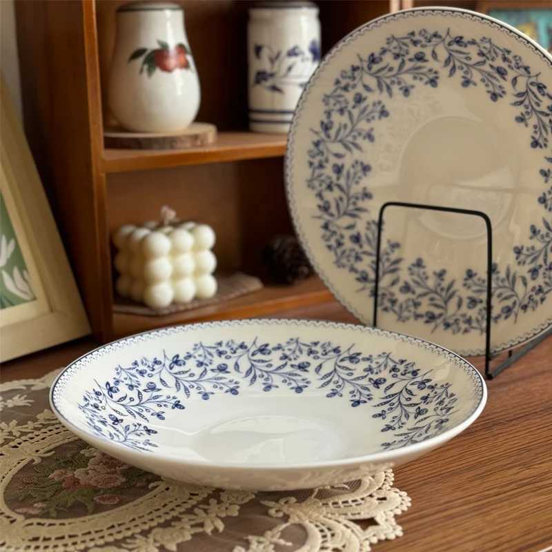 Luxury 8inches Ceramic Plate Blue Floral Print Dining Dishes Texture Underglaze Round Deep Soup Plates Household Fruit Salad Tablewares Y251129