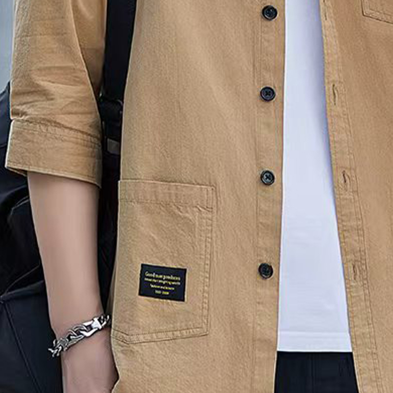 Pure cotton shirt, men's three-quarter sleeve short-sleeved pure cotton workwear, solid color loose mid-sleeved shirt