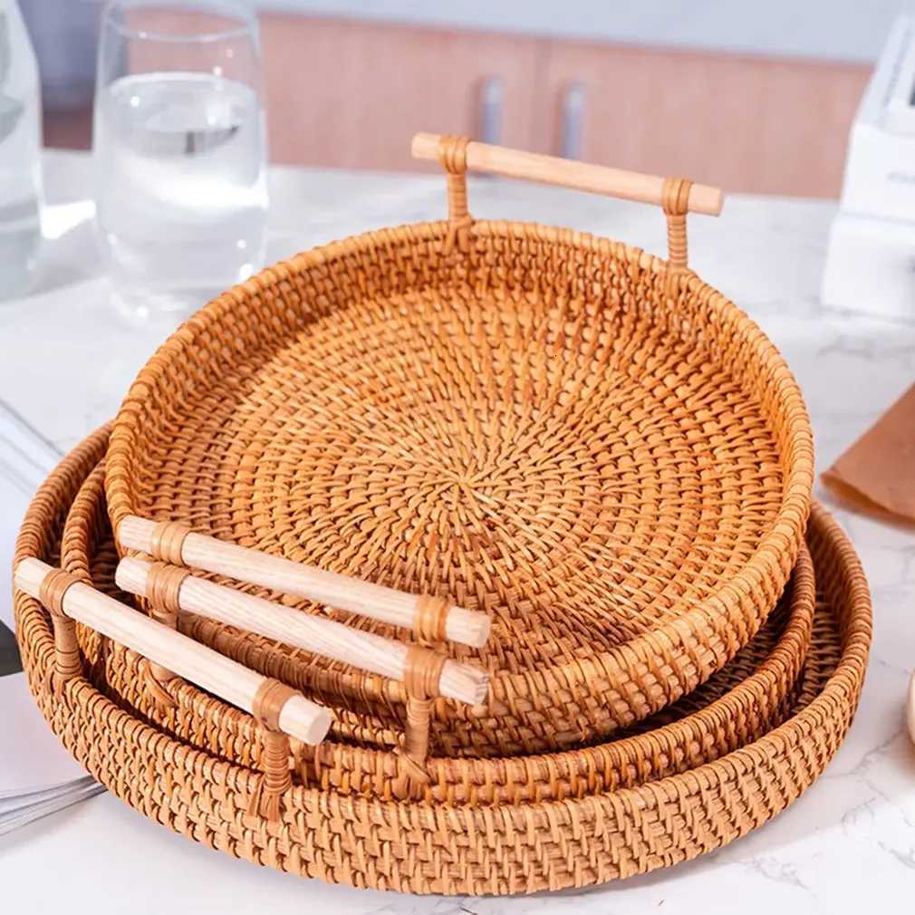Handmade Rattan Tray Double Ear Tea Fruit Serving Tray Bread Snack Storage Woven Basket Insulated Art Decoration Home Decor Y251129