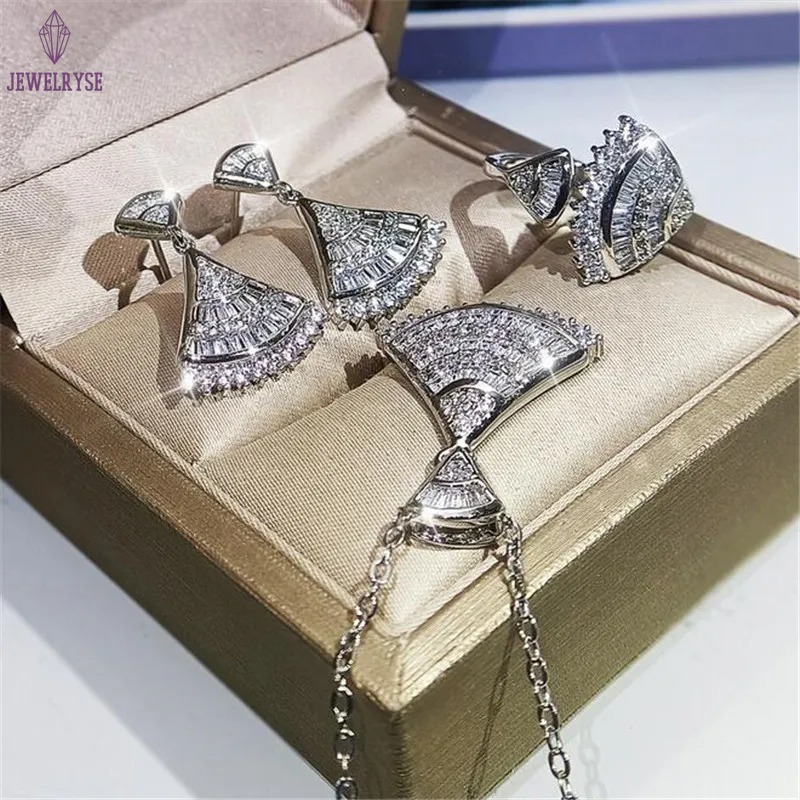 Top Sell Luxury Jewelry Set 925 Sterling Silver Full Princess Cut White Topaz CZ Diamond Skirt Clavicle Necklace Dangle Earring Women Wedding Open Rin