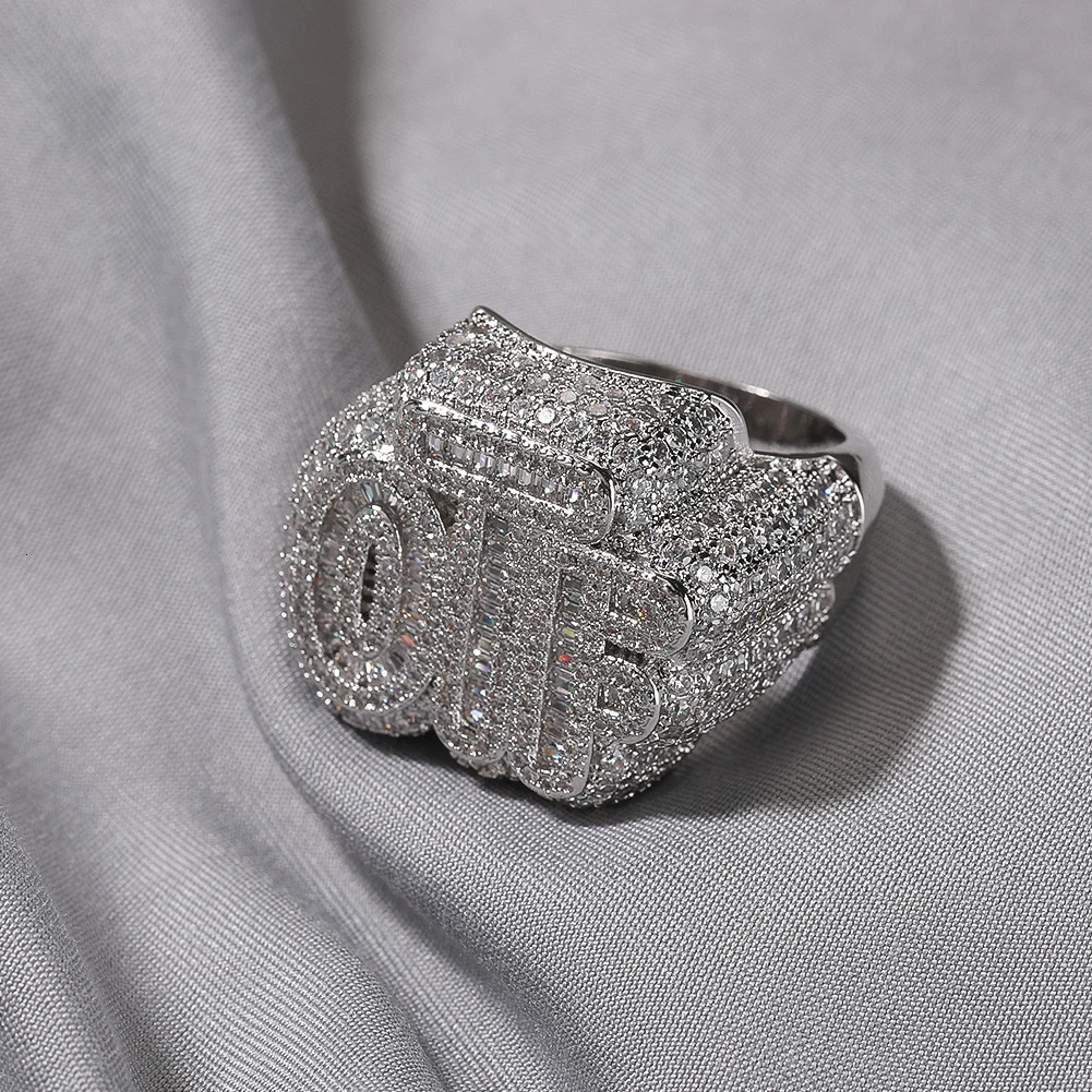 THE BLING KING Baguettecz Letters OTF Ring Iced out Two Tone Finger Ring Cubic Zircon HipHop Ring Delicate Punk Jewelry 251128