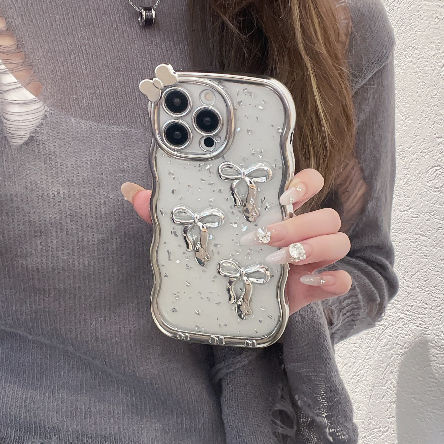 Bow Phone Case iPhone 16 Pro Max Electroplated Wave Compatible With Apple 15/14 Pro Transparent Soft Protective Case