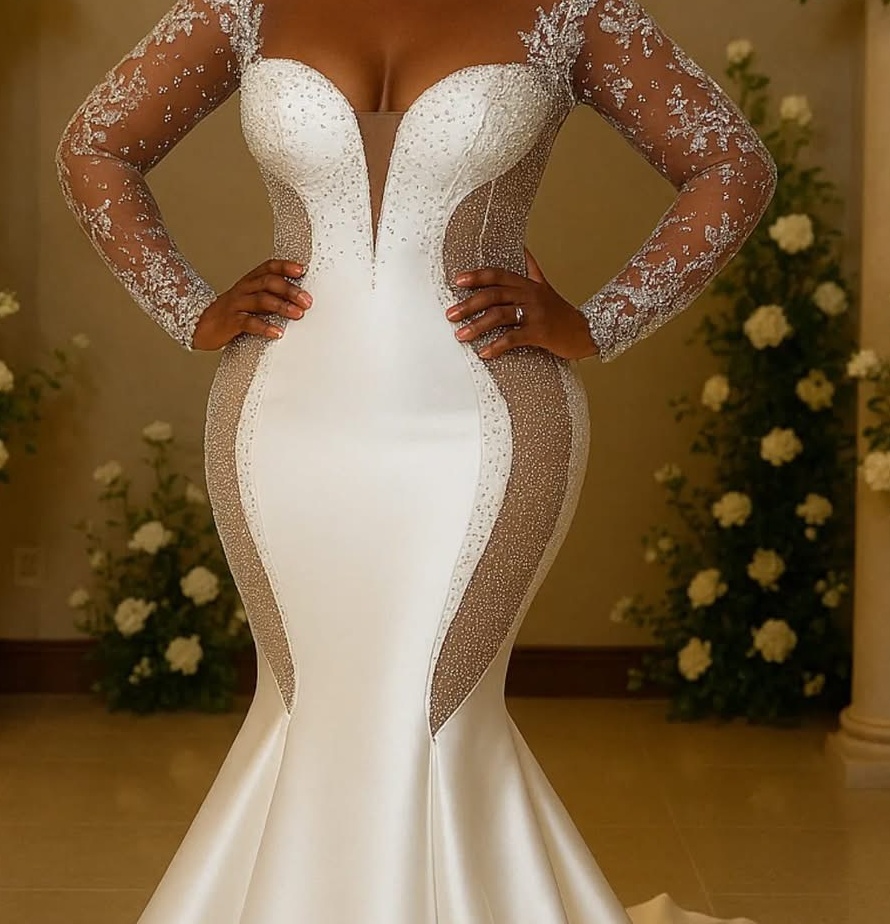 2025 Oversize Aso Ebi Plus Size Ivory Wedding Dress Illusion Lace Beaded Satin Full Sleeves Vintage Bridal Gowns Dresses ZJ058