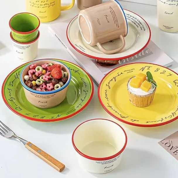 Luxury Korean Retro French Letter Ceramic Disc Graffiti Dessert Breakfast Pasta Creative Kitchen Supplies Food Photography Plate Y251129