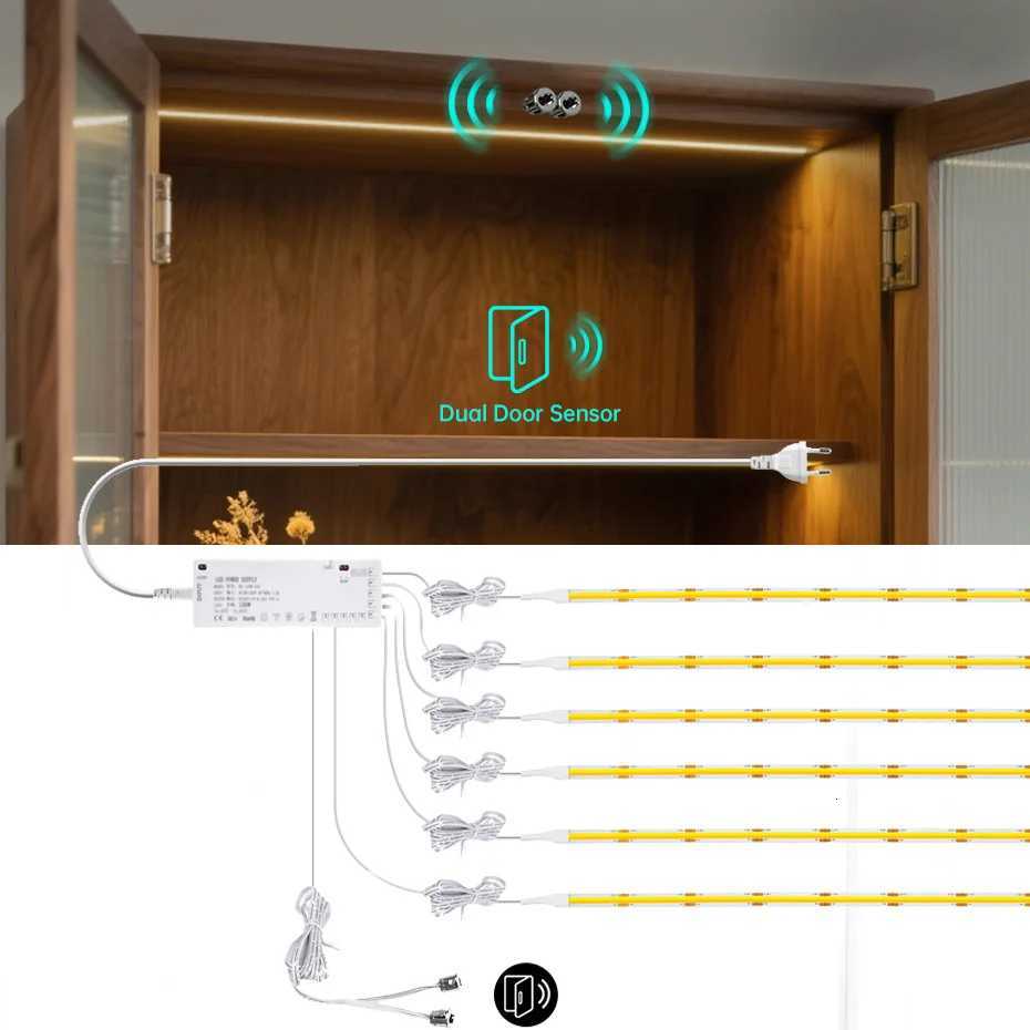 DC12V COB LED Under Cabinet Lights with Dual Door Motion Sensor for Wardrobe Showcase Bookshelf AU EU US UK Power Plugto Choose M251129