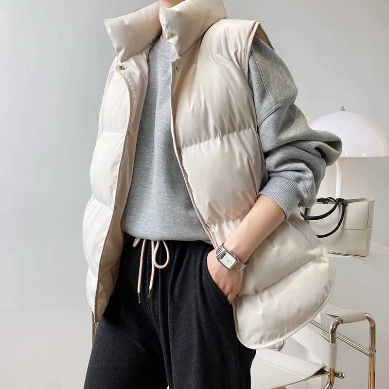 Stand Neck Puffer Cotton Vest Beige Black Autumn Winter Loose Vest Women JacketT251129