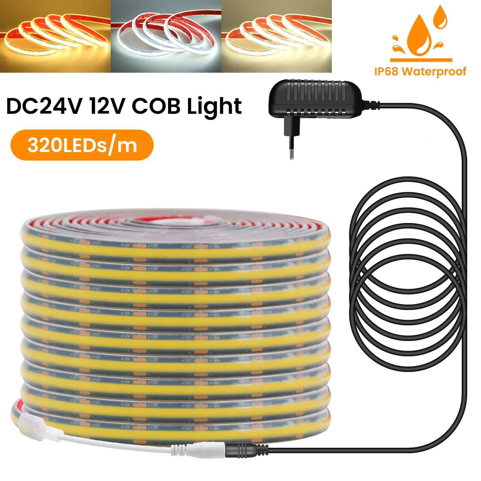 12V 24V COB LED Strip Light 320LEDs/m IP68 Waterproof Flexible Ribbon Tape for Home Garden Decor Lighting EU/US/UK Plug Kit M251129