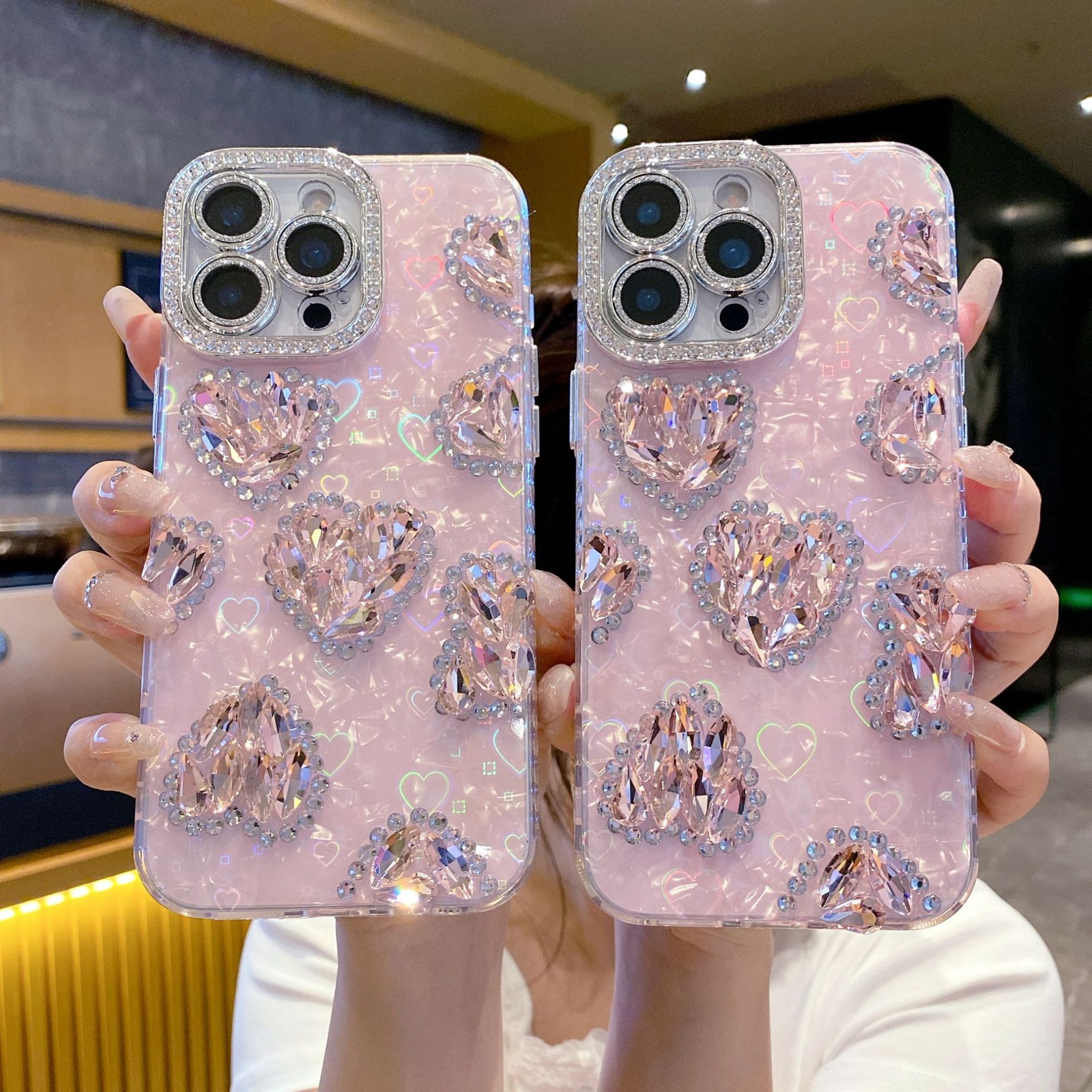 Pink Heart Diamond Phone Case iPhone 17 Pro Max Compatible with Apple 16/15 Plus Protective Case