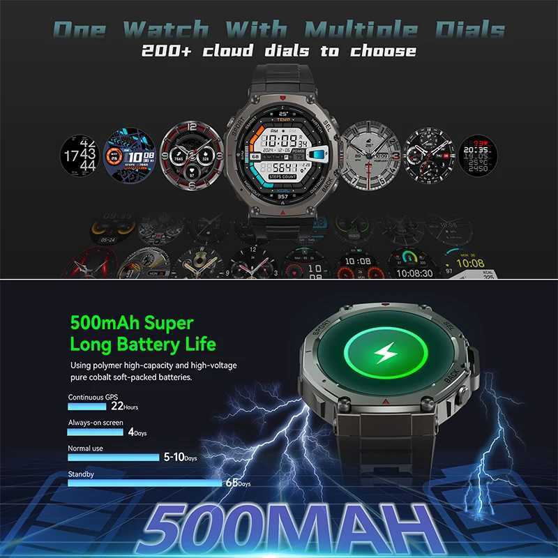 New T-Rex 3 Pro Dual-Band GPS Military Smart Watch 48mm 10ATM Water-Resistant 500mAh Battery Compass Altimeter AGPS Smart Watch M251129