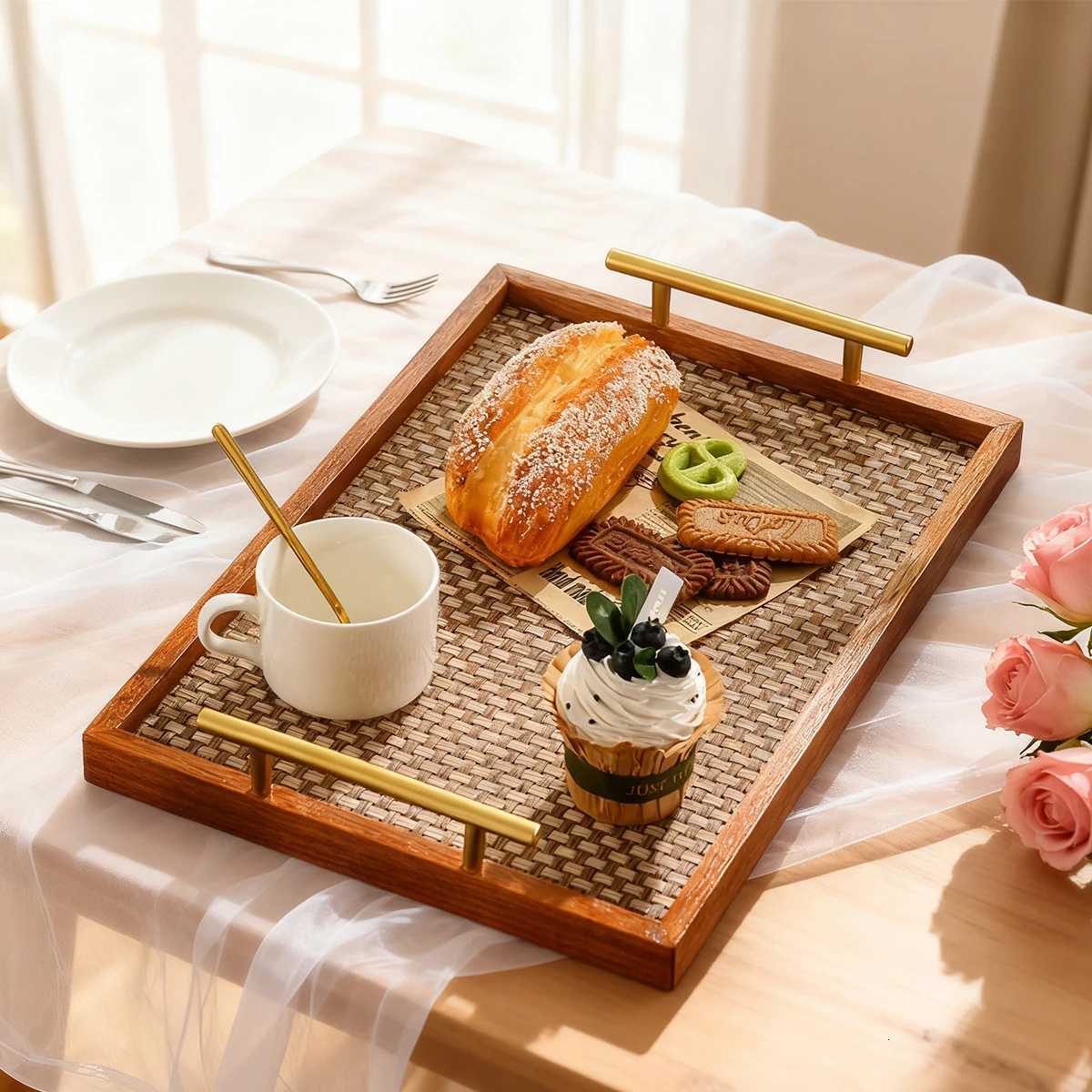 Luxury Gold Handle Wood Tray - Bohemian Rectangular Woven Rattan Bottom for Coffee/Bedroom/Jewelry/Kitchen Y251129