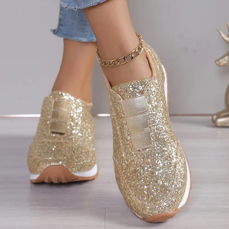 Autumn Fashion Slip-on Low-heeled Womens Sneakers Gold Silver Trend Sport Shoes Ladies Outdoor Casual Walking Shoes 251128