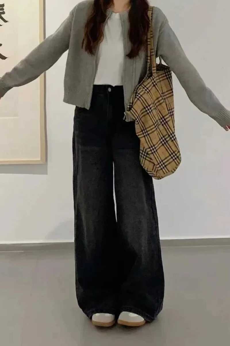 Y2k Jeans Women Jeans Black Washed Wide Leg High Waist Loose Fit Winter New Arrival Trousers Slimming Drape Straight Long Pants M260310