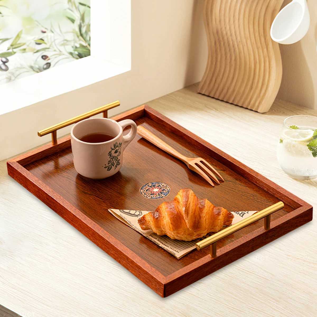 Wooden Serving Tray Set of 3 with Metal Handles - Multi-functional Breakfast Party Storage Platters Brown Y251129