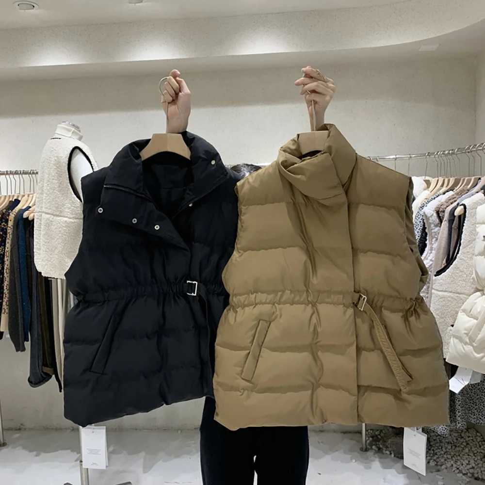 Women Cotton Padded Wasitcoat Elastic Waist Belt Slim Sleeveless Jackets Fall Winter Thick Warm Stand Collar Quilted Jacket VestT251129
