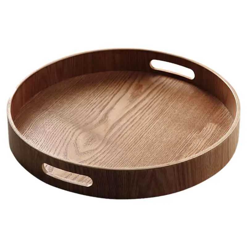 2x Round Serving Bamboo Wooden Tray for Dinner Trays Tea Bar Breakfast Food Container Handle Storage Tray 3 1 Y251129