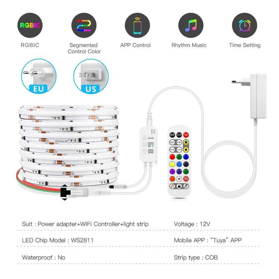 12V Tuya Smart Life App Control RGBIC COB LED Strip Light DIY Addressable WS2811 IC Flexible Tape Ambinet Light for Alexa Google M251129