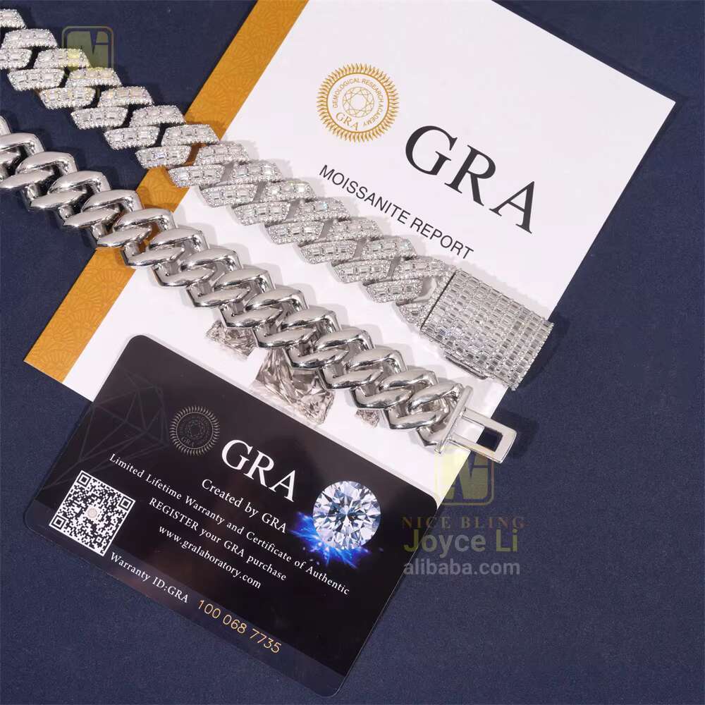 18MM Hip Hop Luxury Link Chain Iced Out Baguette925 Silver Miami Moissanite Cuban Link Chain