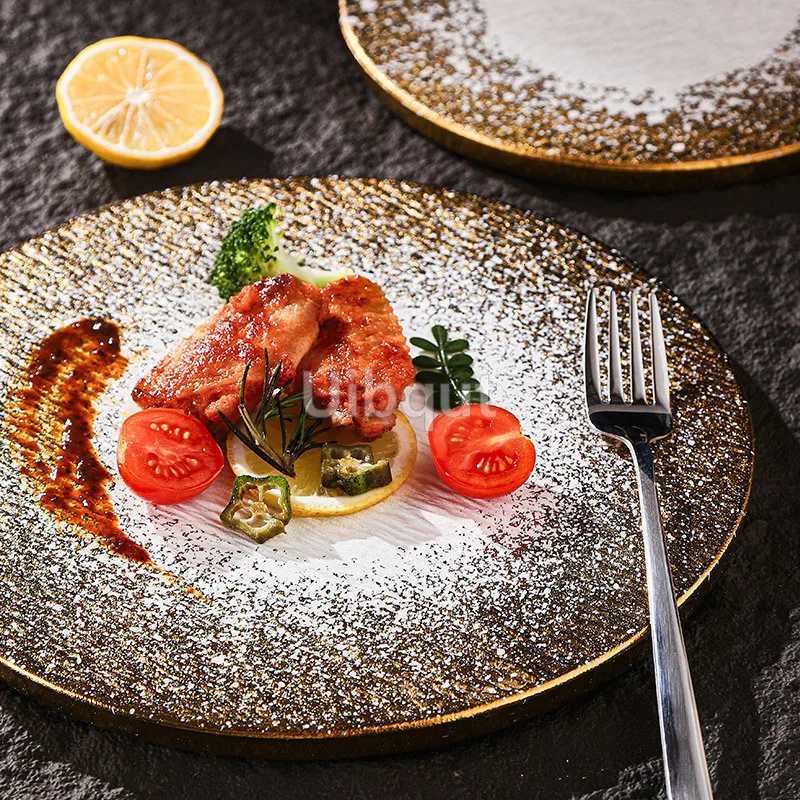 Luxury Golden Frosted Western-style Square Round Ceramic Flat steak Plate Kitchen Supplies Table Main Course Decorative Plate Cake Tray Y251129
