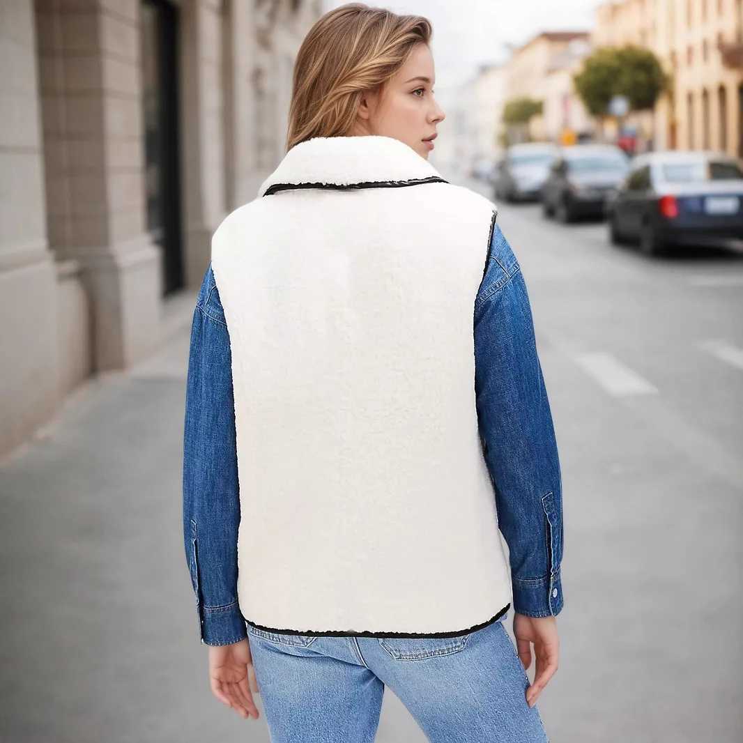 Women Faux Shearling Vest White with Black Piping Sleeveless Warm Winter Outerwear Casual Fashion JacketT251129