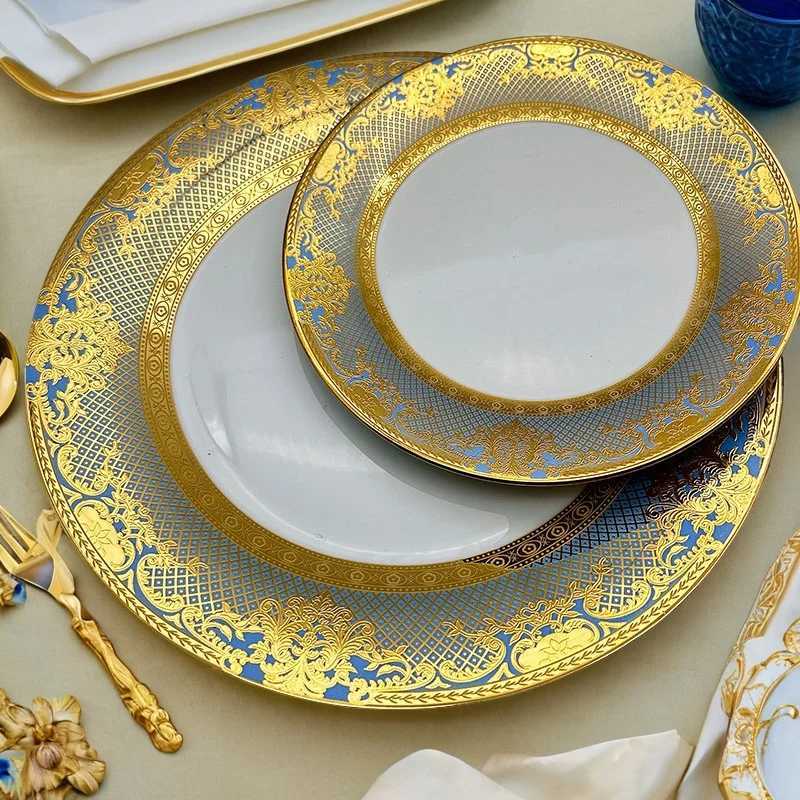 Luxury Steak Plate Light Luxury 7/10-inch Embossed w Gold-rimmed Bone Disc Large Flat Plate Shallow Plate Y251129