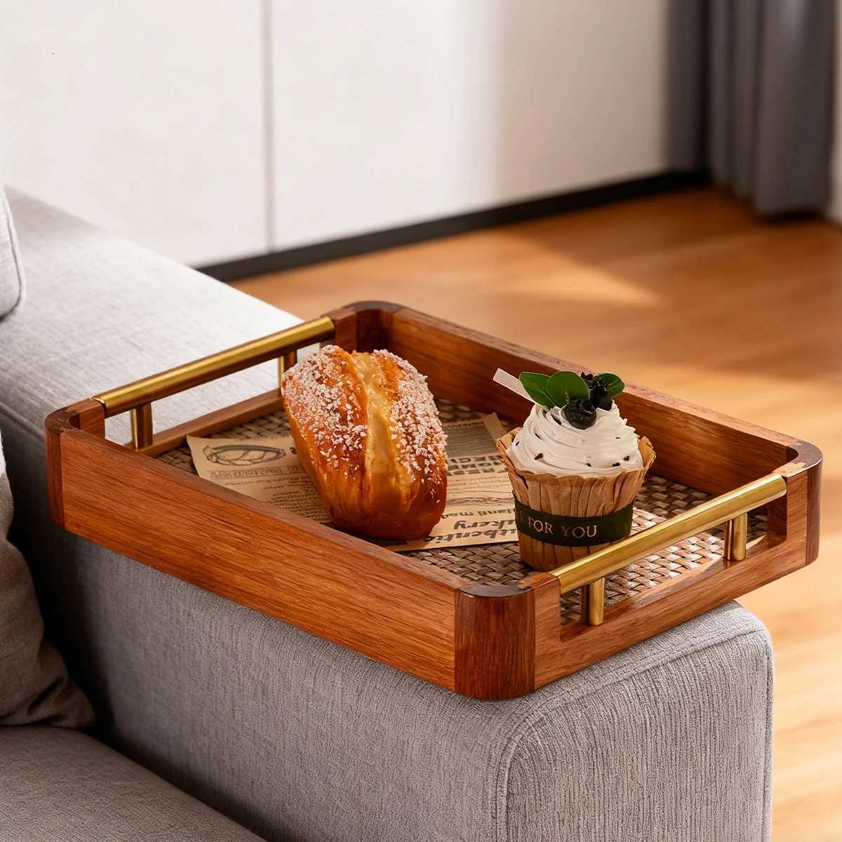 Wood Rattan Ottoman Tray Gold Handles 177x118 Kitchen Bedroom Storage Multi Use Y251129
