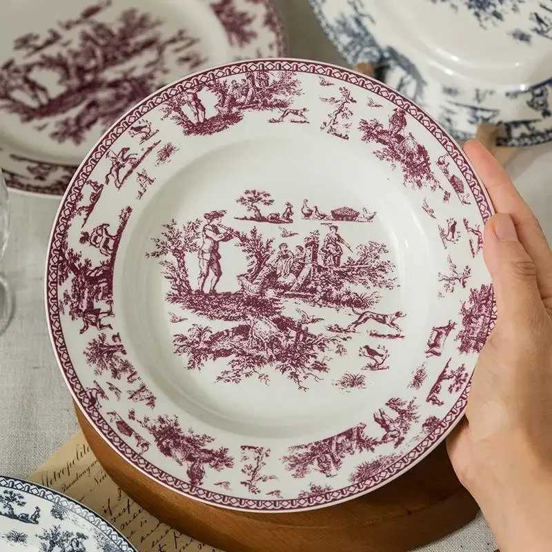 Luxury Retro French Style Ceramic Plate Light Luxury Restaurant Pasta Plate He Afternoon Tea Dessert Fruit Plates Exquisite Tableware Y251129