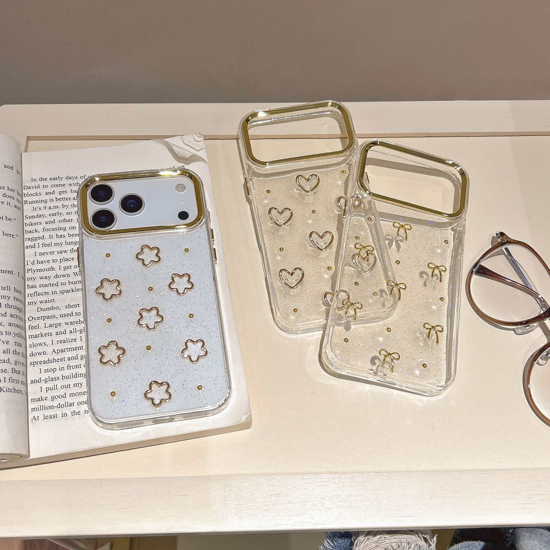 Flower Heart Bow Phone Case Compatible with iPhone 17 Pro Max Gold Bead Transparent Case Apple 16/15 Pro