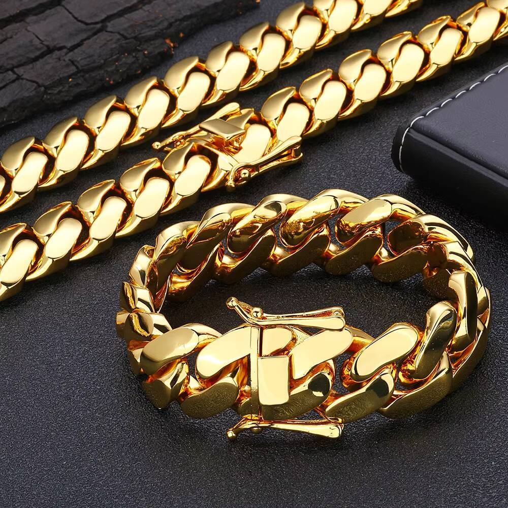 NUOYA Hiphop Jewelry Chunky Cuban Link Chain for Men 10/12/15/19/22mm 18K Gold Plated Brass Miami Cuban Chain Necklace for Men