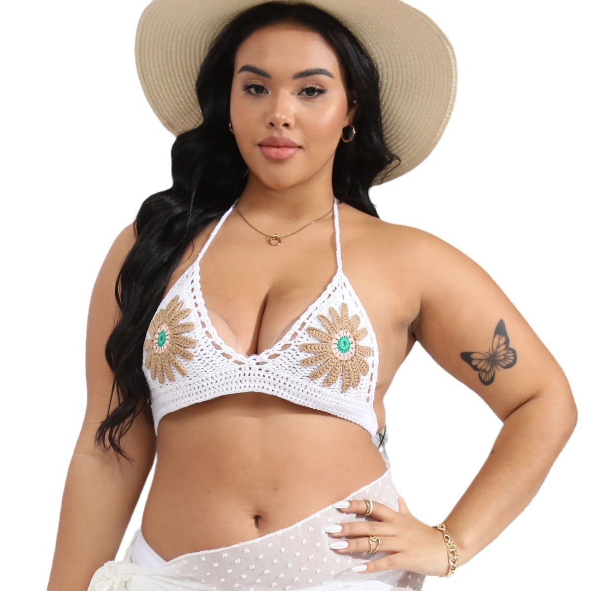 Womens Top Womens Sexy Beach Strap Pure Hand Hook Flower Splicing Strap Bikini Top