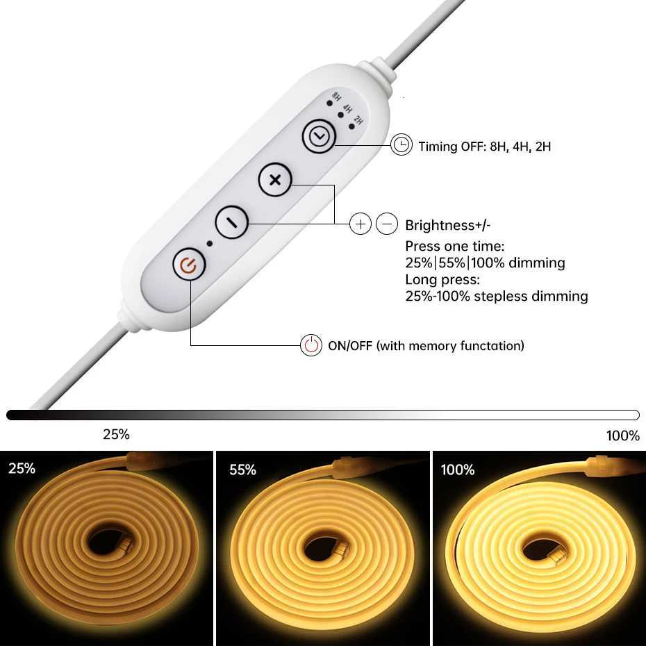 Self-adhesive 220V COB LED Strip 288LEDs/m IP65 Waterproof 1m-25m Length with Timing Dimming Switch EU/AU/UK Plug for Lighting M251129