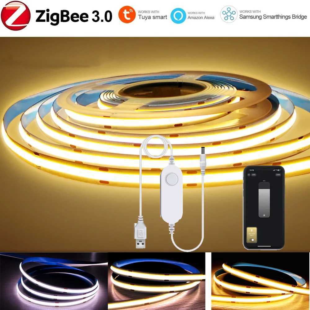 5V USB Tuya Zigbee 30 COB LED Strip Light 1m-5m Warm White Flexible Dimmable Lights 320leds/m Home Decoration for Alexa Google M251129