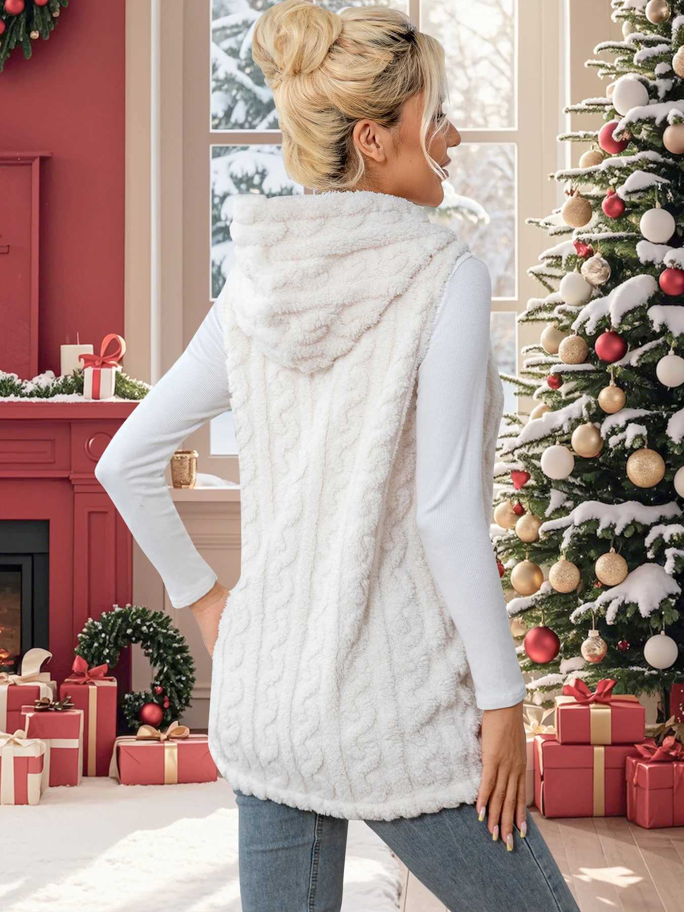 Womens plush sleeveless coat full front opening hooded collar with pockets warm and soft white colorT251129