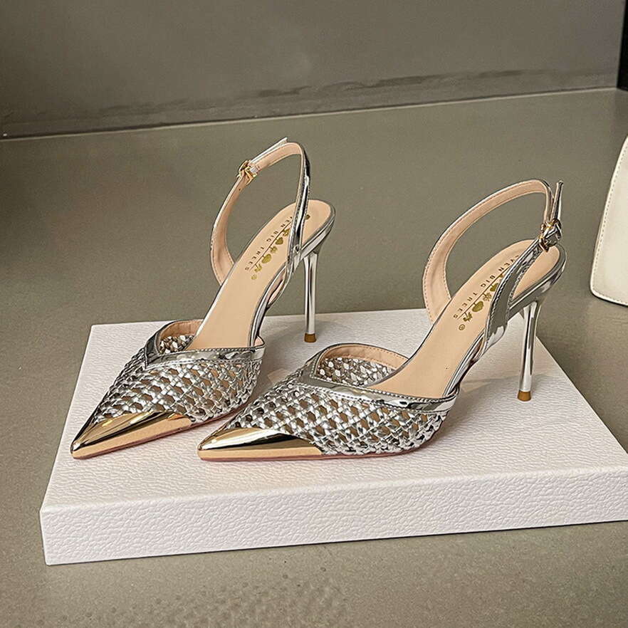 Fashion Hollow Woven Designer Shoe Heel Sandals for Women Pointed Toe One-Strap sling back Heels