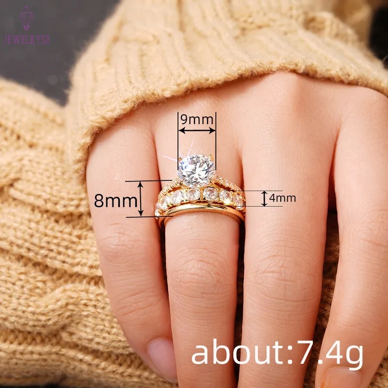 3PCS Wedding Rings Elegant Vintage Jewelry 10KT Gold Fill Round Cut White Cubic Zircon CZ Diamond Gemstones Party Eternity Women Bridal Ring Set Gift