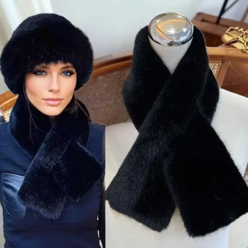 Women Winter Warm Thicken Cross Collar Scarf Imitation Faux Rabbit Fur Scarf Solid Furry Neck Warmer Cold Proof ScarvesJ251129