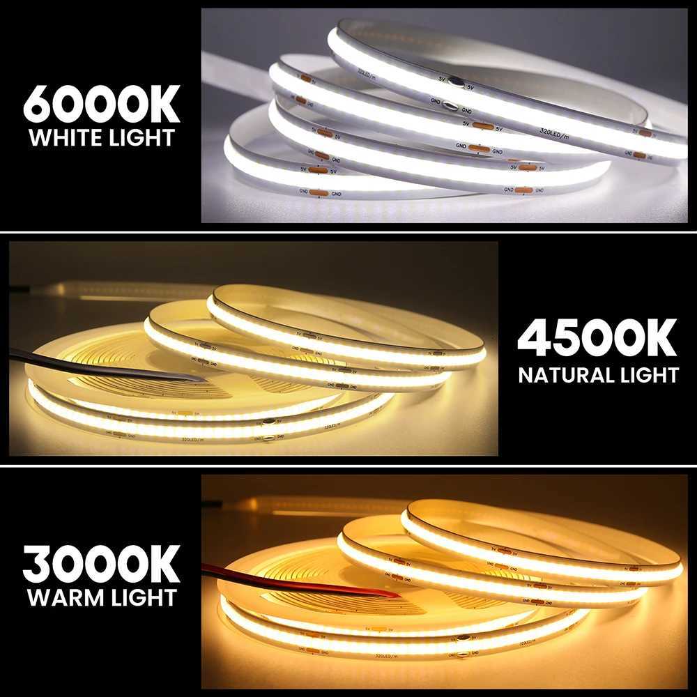 3mm 5mm 8mm PCB COB LED Strip Light 5V 12V 24V 320LEDs/m High Brightness Flexible Tape Warm Natural White Red Green Blue 05m 5m M251129