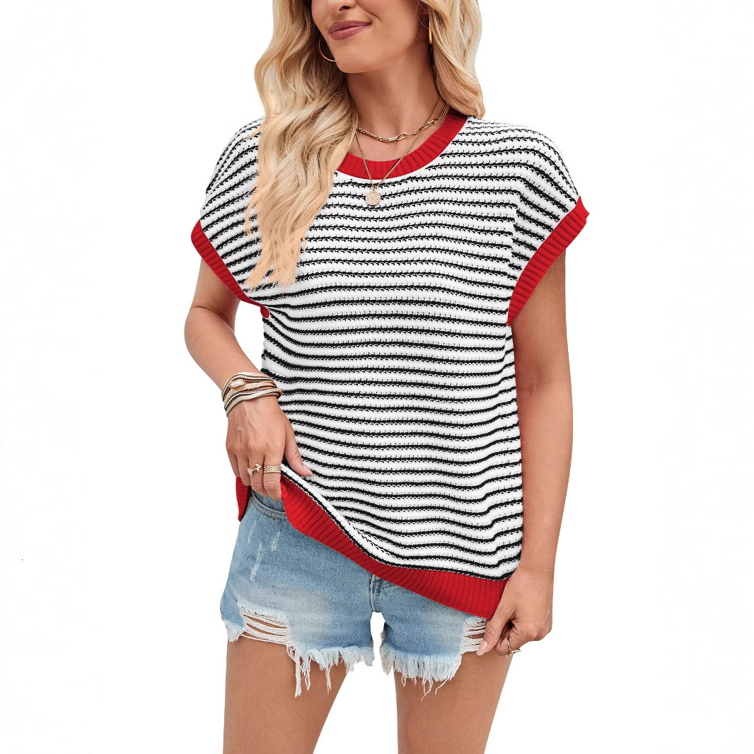 New Fashion Striped Knitted with Casual Contrast Bat Sleeve Round Neck Sweater