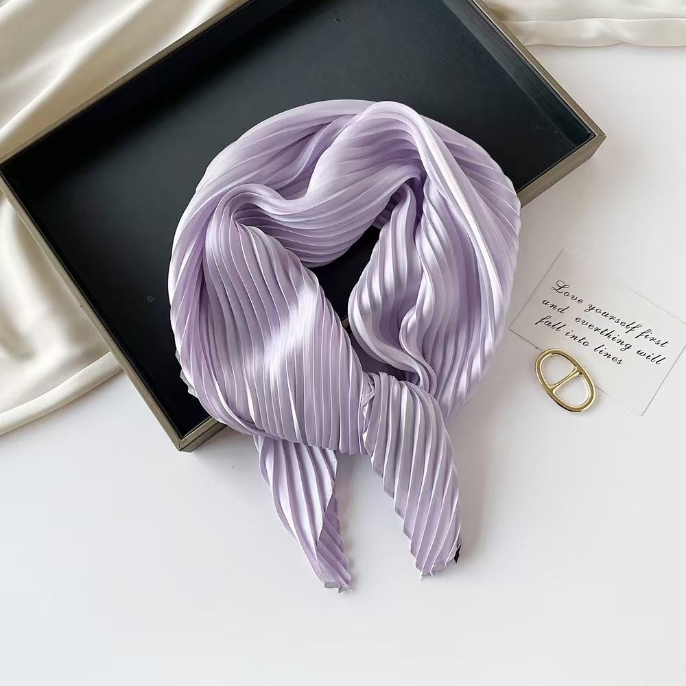 T585 pleated silk scarf solid color scarf female all-match light luxury style scarf simple shawl small hair with headscarf