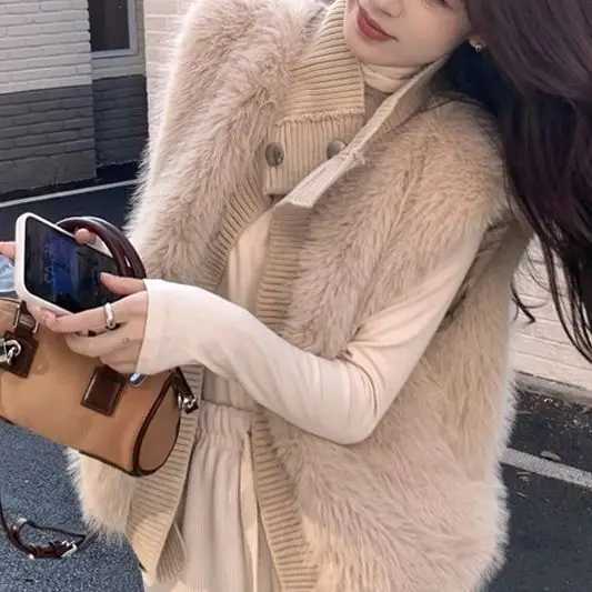 Stand Up Collar Knitted Patchwork Vest Womens Vest Korean Version Loose Plush VestT251129