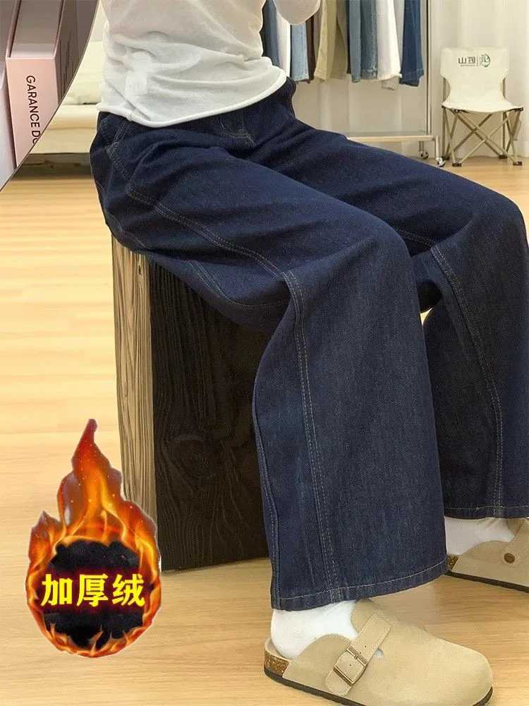 American Retro Dark Blue High Waist Loose Womens Jeans 2025 Autumn Winter Stylish Wide Leg Pants M260310