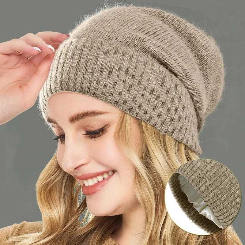 Women 100 Cashmere Beanie Hat Satin Lined Knit Slouchy Silk Lining Foldable Winter Warm Soft Bonnet Cold Weather AccessoryXJ251129