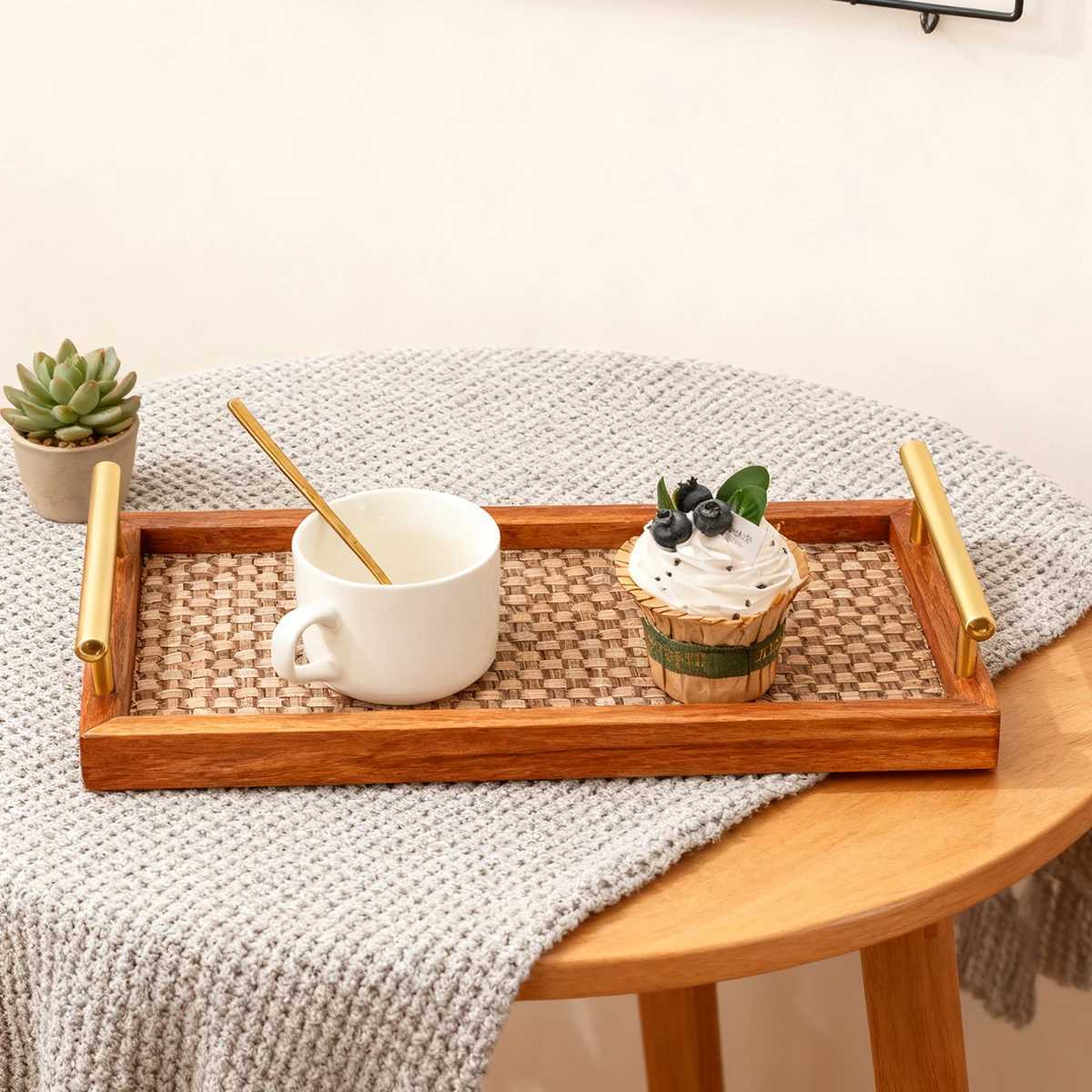 Solid Wood Bohemian Rustic Gold Handle Tray 173 Serving Decor for Coffee Table Bedroom Kitchen Jewelry Display Woven Bottom Y251129