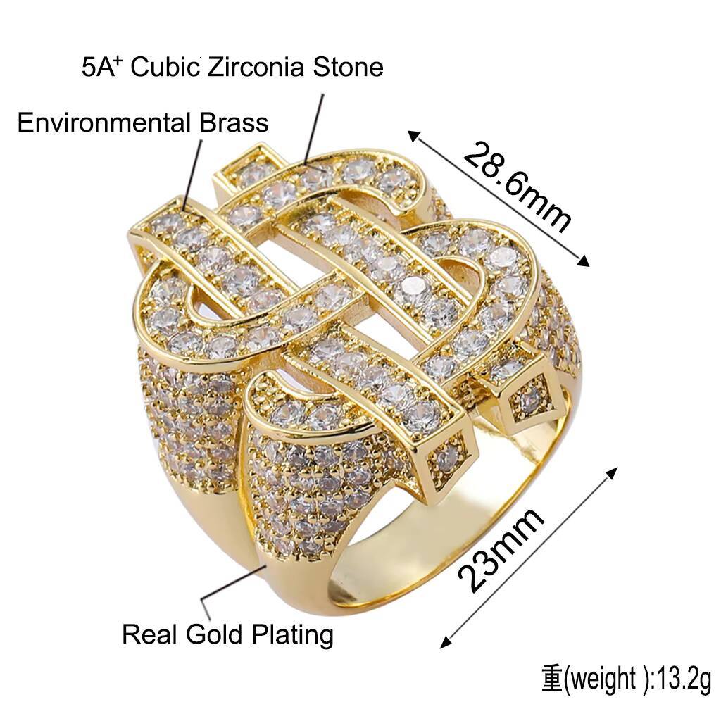 BES Wholesale Trendy Hip Hop Jewelry Rings Men Real Gold Plated Brass Cubic Zirconia Stone Iced Out 5A CZ Bling Dollar Sign Ring