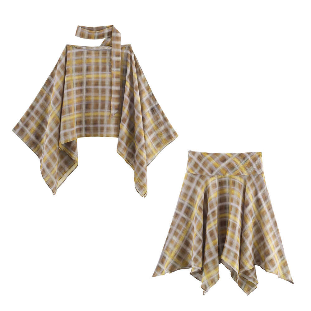 Cross-Border Exclusive European And American Women's Clothing Scarf Cape + Plaid Midi Skirt Set B5