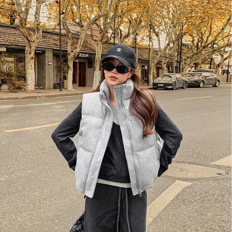 Short Down cotton Vest Womens 2025 Korean Fashion New Stand-up Sleeveless Zipper Student Vest Jacket Black Gray Waistcoat TideT251129