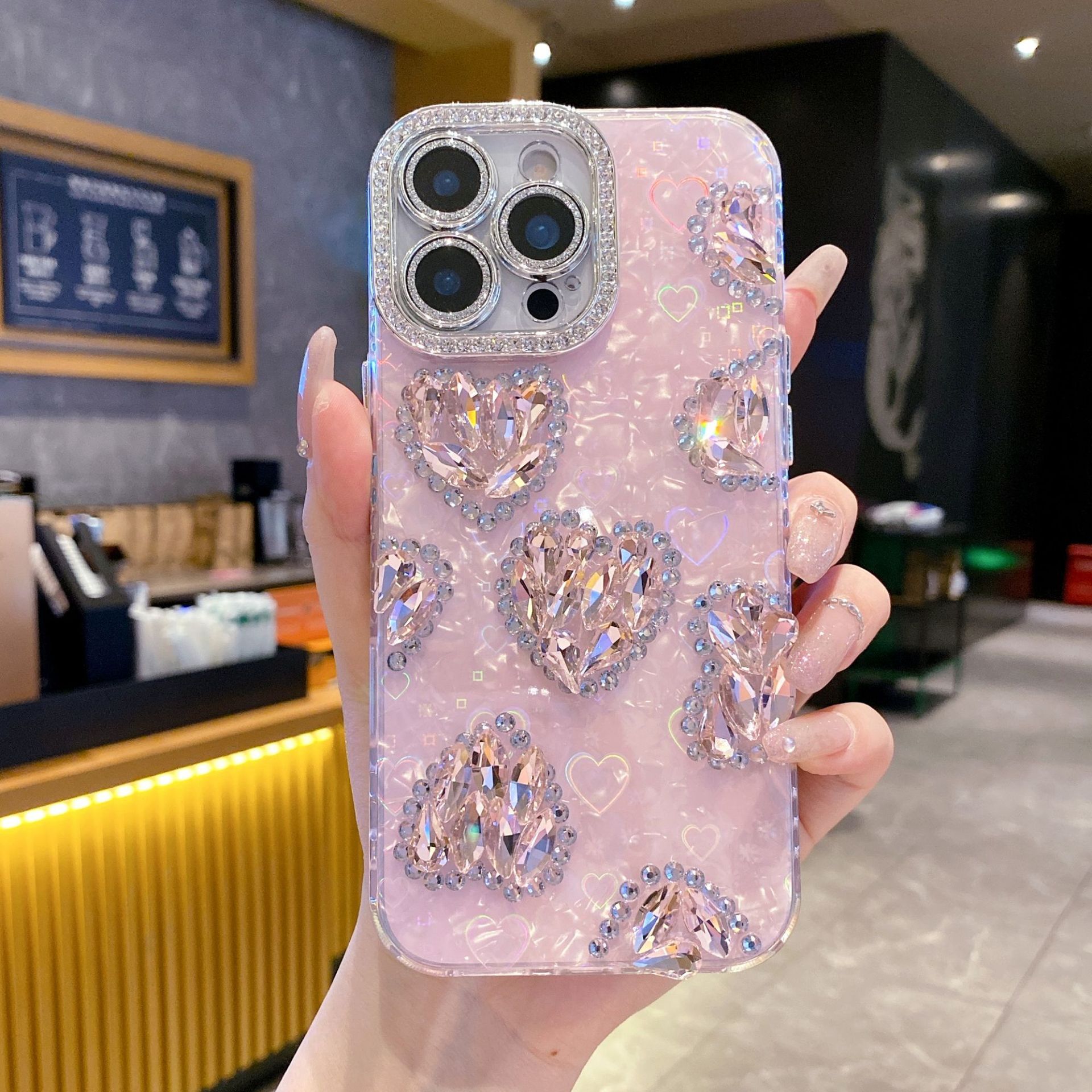 Pink Heart Diamond Phone Case iPhone 17 Pro Max Compatible with Apple 16/15 Plus Protective Case